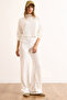 Women's Ecru Stand Collar Blouse Pants Soft Set Tkm-19000438