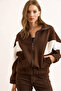 Women's Bitter Brown Zippered Oversized Blocky Sweatshirt with Raised Letters Swt-19000656