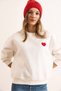 Women's White Collar Detailed Heart Embroidered Thick Sweatshirt with Raised Embroidery Swt-19000741