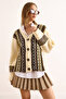 Women's Ecru Green Soft Textured Patterned Oversize Knit Cardigan Hrk-19000391 - 4