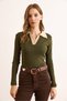 Women's Khaki Beige Color Block Polo Neck Cotton Stretchy Blouse Blz-19003104 - 3