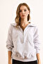 Women's Gray Melange Stitching Detailed Zippered Thick Sweatshirt Without Embroidery Swt-19000744 - 4