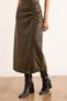 Women's Khaki Zippered Drape Detailed Slit Faux Leather Skirt with Fur Inside Etk-19000353 - 5