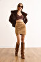 Women's Camel Drape Detailed Side Zipper Mini Suede Skirt Etk-19000354 - 2