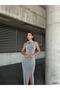 Stretchy Flowers Fabric Collar Rose Detail Slit Evening Dress SILVER 583261 - 2