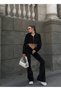 Crop Top Spanish Leg Black Velvet Tracksuit Bottom Top Set 2 Piece Zippered - 3