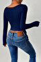 Navy Boat Neck Long Sleeve Side Ruched Blouse, Boat Neck Shirred Stretchy Navy Crop Blouse Top - 6