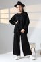 Women's Black Crew Neck Sweater and Wide Leg Pants Bottom-Top Knitwear Set