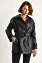 Women's Black Double Breasted Collar Belted Lined Short Faux Leather Trench Coat 2485 60281111 - 5