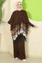 Kilim Pattern Poncho Three-Piece Knitwear Set Brown Hm2816 - 5