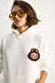 Women's Ecru Embroidered Hooded Sweatshirt with Kangaroo Pocket 6045 60284098