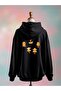 Cat Printed Cotton 3 Thread Oversized Black Sweatshirt