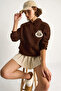 Women's Brown Embroidered Hooded Sweatshirt with Kangaroo Pocket 6045 60284098