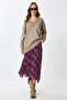 Patterned Wrinkled Effect Midi Chiffon Skirt Lns0082 Mürdüm - 2