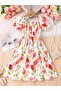 Girls Rose Print Puff Sleeve Dress
