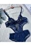 Women's Navy Blue Lace Bodysuit Lingerie Set - 3
