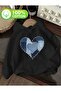 Denim Heart Printed Hooded Pocket Cotton Black Sweatshirt