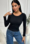 Women's Black Crew Neck Ribbed Knitted Blouse