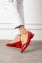 Red Patent Leather Gold Buckle Pointed Toe Low Block Heel Women's Ballerina Shoes - 3