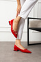 Red Patent Leather Gold Buckle Pointed Toe Low Block Heel Women's Ballerina Shoes - 4