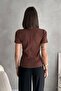 Women's Brown Ribbed Knitted Blouse with Pockets and Accessories - 4