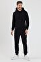 Plus Size Hooded Bottom-Top Plain Black Tracksuit Set Black - 2