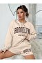 Women's Beige Set Brown Brooklyn Printed 3 Thread Sweatshirt Shorts Set - 3