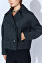 Four Button Diagonal Short Cashmere Double Breasted Coat - Anthracite - 4