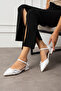 White Patent Leather Ankle Strap Double Silver Buckle Pointed Toe Low Heel Women's Ballet Shoes - 2