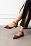 Burgundy Patent Leather Ankle Strap Double Silver Buckle Pointed Toe Low Heel Women's Ballet Shoes