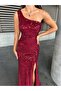 Women's Red Velvet Fabric One-Shoulder Slit Back Detail Lined Sequined Maxi Evening Dress - 2