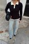 Black Garnished Buttoned Polo Neck Women's Knitwear Sweater - 4