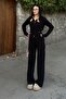 Black Hooded Cardigan Pants Patterned Women's Knitwear Bottom-Top Set - 3