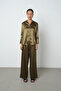 Women's V-Neck Khaki Color Plain Satin Gold Button Shirt - 4