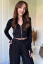 Hooded Zippered Black Crop Cardigan Modal Fabric Set - 3