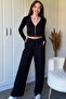 Hooded Zippered Black Crop Cardigan Modal Fabric Set - 2