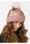 Women's Pink Glitter Beanie Winter Soft Acrylic Pom Pom Beanie