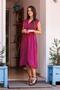 Burgundy Color V-Neck Waist Tie Detailed Pocketed Italian Linen Dress - 7