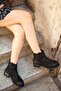 8380 Genuine Leather Low Heel Zippered Boots with Buckle and Latex Detail