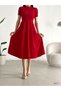 Red Crepe Fabric Half Sleeve Hidden Zipper Detail A-Line Evening Dress 582110 624