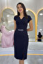 Women's Black Short Sleeve Midi Stone Detailed Pencil Dress - 2