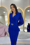 Cobalt Blue Double Breasted Collar Belted Midi Length Pencil Dress - 4