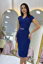 Women's Navy Blue Short Sleeve Midi Pencil Dress with Stone Detail - 2