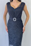 Women's Black Lace Detail Pencil Form Belted Evening Dress - 8