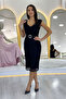 Women's Black Lace Detail Pencil Form Belted Evening Dress - 3