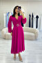 Fuchsia Double-Breasted Belted Midi Length Chiffon Dress - 3