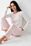 Crew neck, pocketed, women's pajama set, long sleeve, pink, 50% cotton & 50% modal
