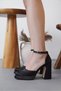 Women's Black Satin Special Design Ankle Strap Platform Comfortable Heeled Evening Dress Shoes - 2