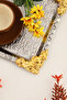 Rio Silver Stainless Patterned Square Corner Coffee and Tea Serving Tray with Gold Flower Detail, Set of 1 - 3