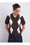 Polo Neck Diamond Patterned Women's Knitwear Cardigan